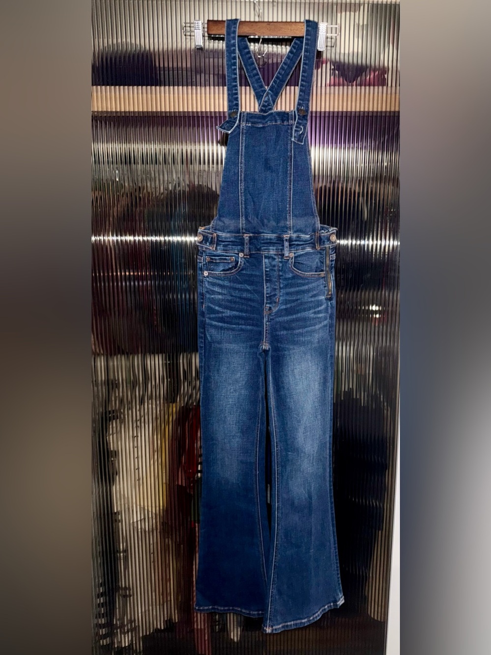 American Eagle Outfitters Dark Blue Denim Flare Overalls 2 short
